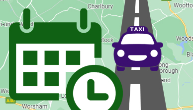 Graphic of a taxi driving down a road with an icon of a calendar and a clock next to it.