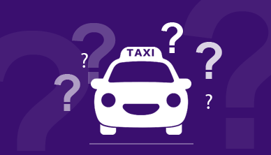 Silhouette of a taxi on a purple background surrounded in different size question marks