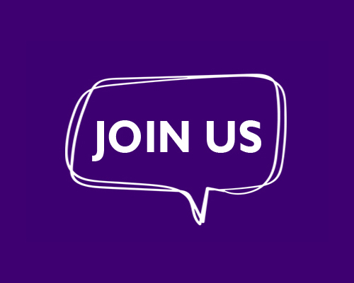 The words join us in a speech bubble on a purple background