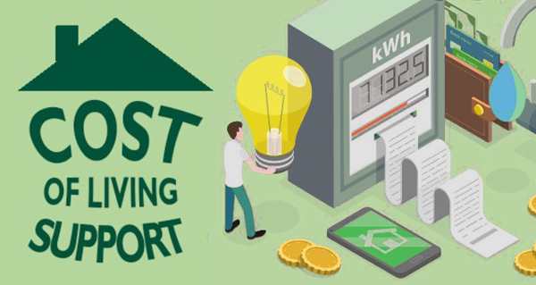 The words Help if you're struggling with living costs alongside drawing of a a man holding a lightbulb and an electricity meter